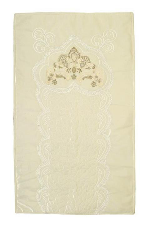 Çeyiz Diyarı Fransız Aplikeli Yakut Lüx Kadife Seccade Krem