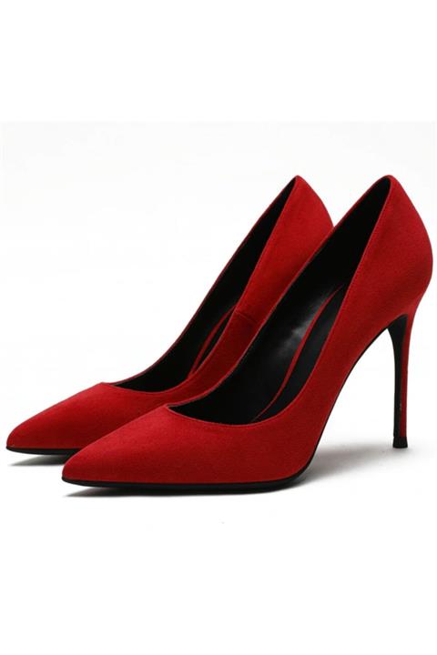Picky Rose , Kırmızı Süet 10cm Topuk Stiletto