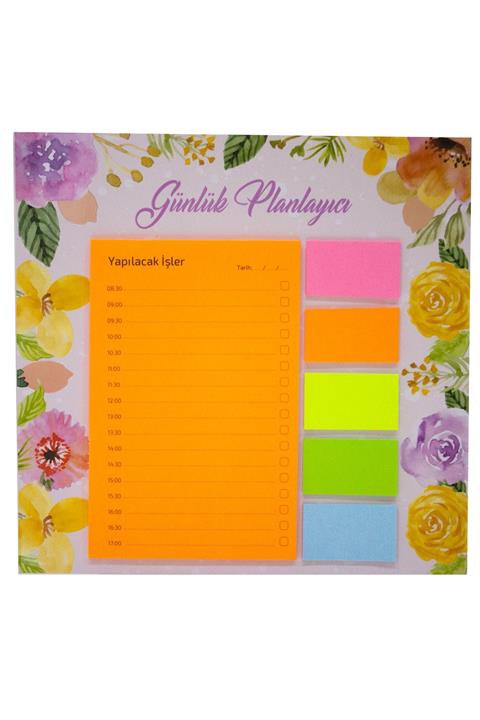 Paste Notes Unisex Turuncu Çiçekli Desenli Günlük Planlayıcı Not Seti