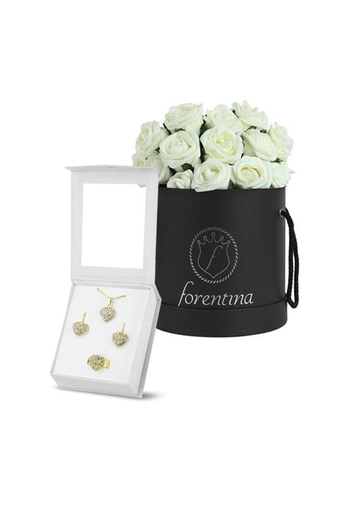 Forentina Kalpli Kolye Küpe Yüzük Set - Güllü Kutu Hediye Set Ps1810