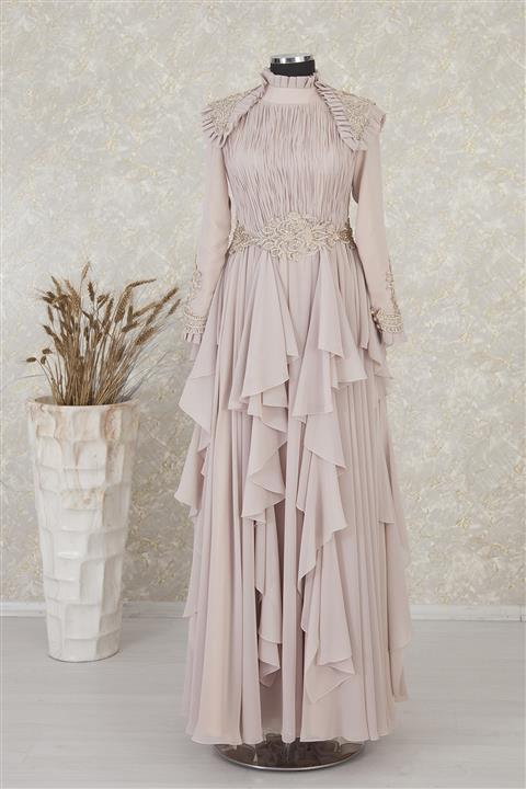 Minelia Kadın Ten Rengi Tesettür Abiye Drape Detaylı Şifon Elbise