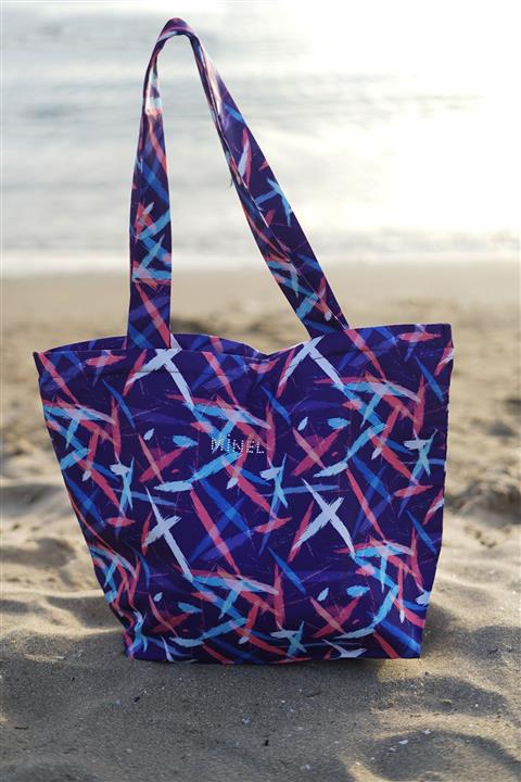 Minel Kadın Lacivert Baskı Desenli Plaj Çantası