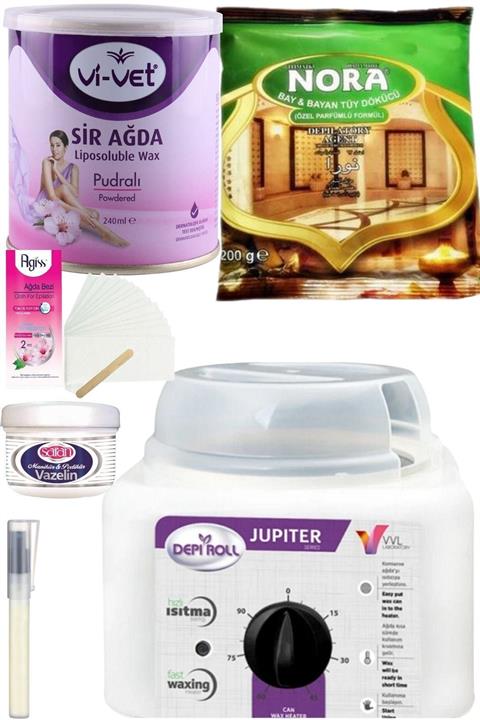 Depiroll 800ml Ağda Isıtıcı Makine  Vivet Pudralı Konserve Ağda 240 ml Nora Tüy Dökücü ve Ağda Seti 6 Parça