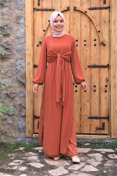 Ahsen Şifon Bel Büzgülü Tesettür Abiye Tulum