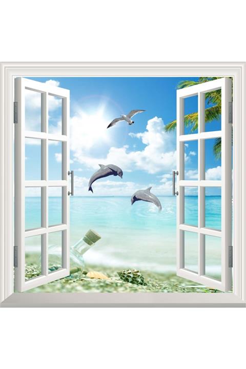 StickerArt Pencere Poster Duvar Kağıdı Deniz Sahili Manzara Yapışkanlı Sticker