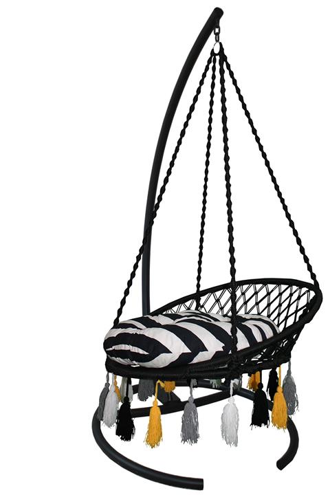 KEYİF SEPETİ Renkli Püsküllü Relaks Salıncak Set Siyah Minderli