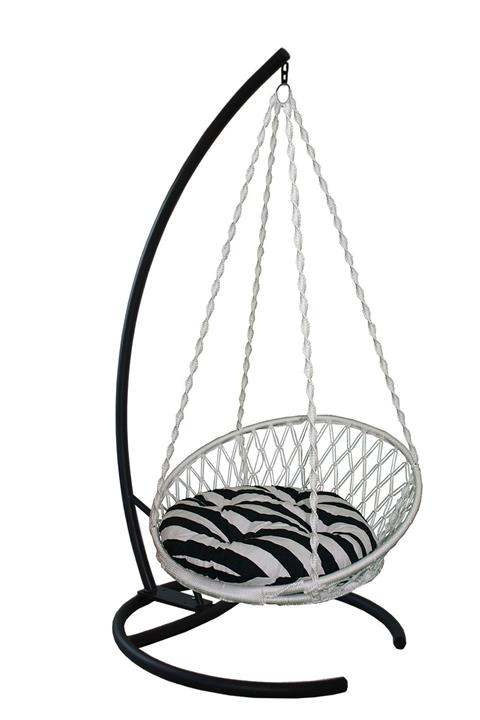 KEYİF SEPETİ Siyah Beyaz Minderli Beyaz Relaks Salıncak Set