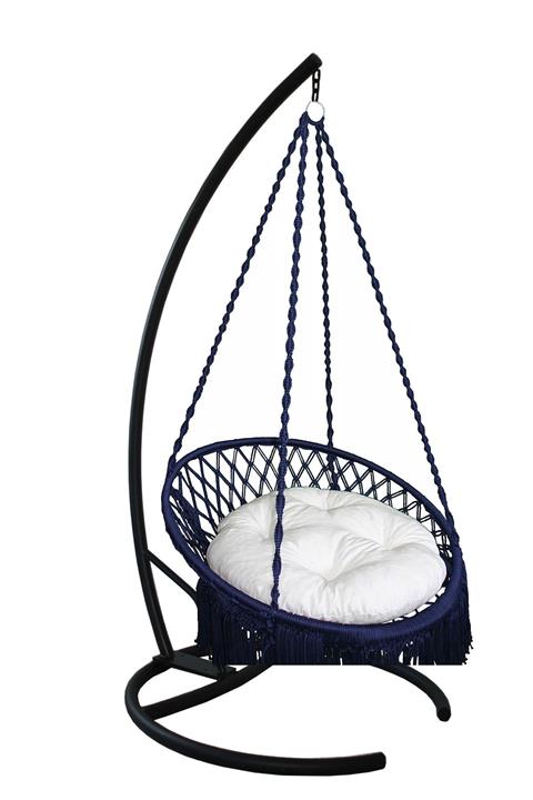 KEYİF SEPETİ Beyaz Lacivert Minderli Püsküllü Relaks Salıncak