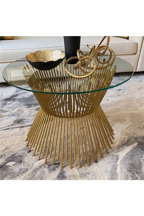 Kafkas Metal Gold Ayaklı Özel Tasarım Cam Orta Sehpa