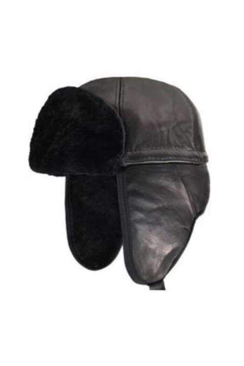 ROTAMZİRVE Unisex Siyah Hakiki Deri Pilot Şapka