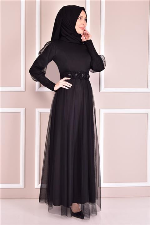 ModaMerve Kadın Simli Abiye Siyah Liy2110