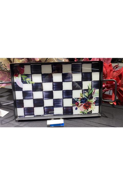 Mackenzie Dama Desen Metal Kulplu Dikdörtgen Tepsi