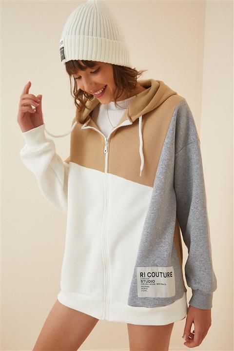 Happiness İst. Kadın Ekru Kapüşonlu Şardonlu Fermuarlı Sweatshirt Sİ00081