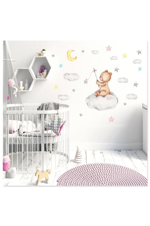 Sticker Sepetim Bulutta Oturan Balıkçı Ayıcık Bulut Ve Yıldızlar Çocuk Odası Rüya Duvar Sticker