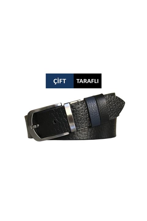 GoDeri Hakiki Deri Çift Taraflı 4 Cm Kemer Siyah, Lacivert