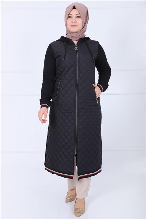 kombinal Kadın Siyah Ribana Detaylı Tesettür Büyük Beden Kap-21750