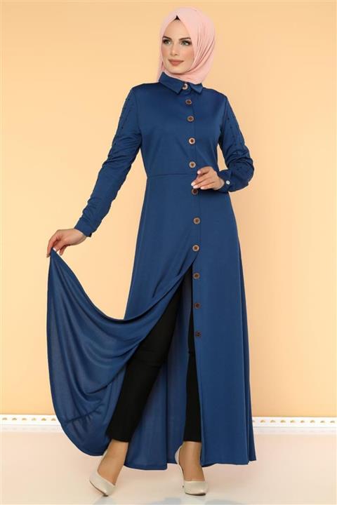 Moda Ebva Kol Taş Işlemeli Düğmeli Yazlık Ferace-2134 Indigo