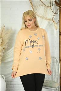 Butik Şımarık Kadın Büyük Beden Bej Pamuklu Kumaş Rahat Kesim Ön Papatya Baskılı Sweatshirt Pantolon Takım