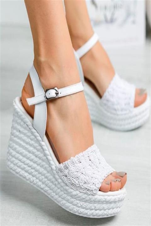 kısmetshoes Kadın Beyaz Örgü Yazlık Dolgu Taban Hasır Babet