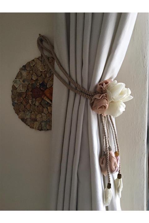 B'Dekor Pudra Krem Tasarım Country Kol Bağı 2'li Set Fon Perde Kol Bağları