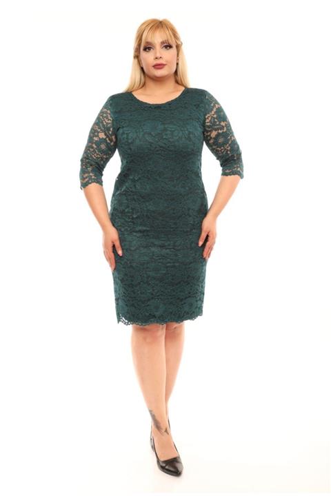 FİDAN TEKSTİL Kadın Yeşil Güpür Detay Kollu Abiye Elbise