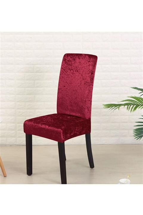 sabirehome Bordo Renk En Boy Lıkrlıdüz Kadife Kumaştan Standart Sandalye Kılıfı 6 Adet Tekli Örtü