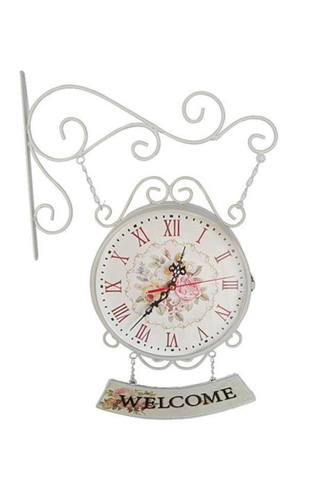 Nettenevime Istasyon Saati Çift Taraflı Metal Welcome Tabelalı Beyaz