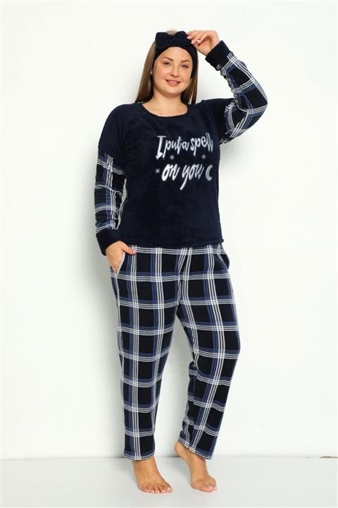 nisaNCa Büyük Beden Peluş Polar Pijama Takımı-Saç Bandı