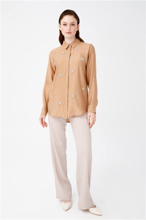 Esswaap Önü Taş Işli Gömlek Vizon