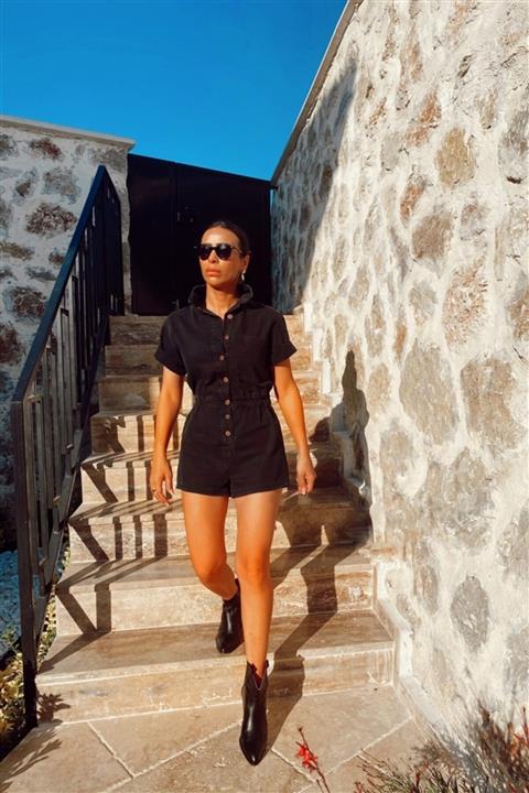 ASHCO Siyah Önden Düğmeli Şortlu Tulum