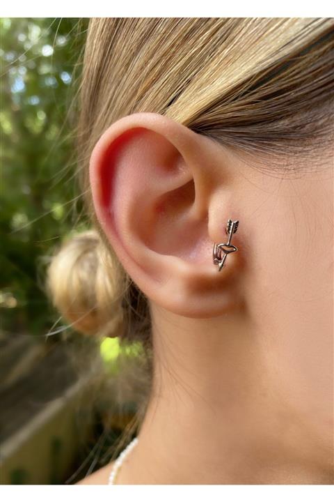 Okkostore Kadın Silver Renkli Kalpli Ok Halka Tragus Kıkırdak Piercing
