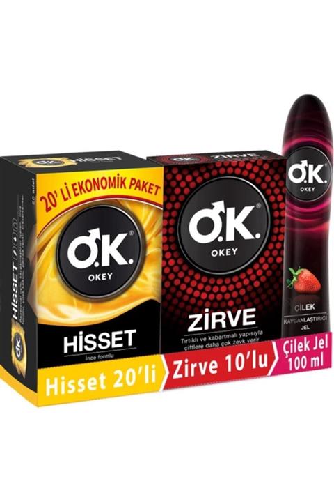 Okey Prezervatif Hisset 20'li Zirve 10'lu Çilek Kayganlaştırıcı Jel 100 ml