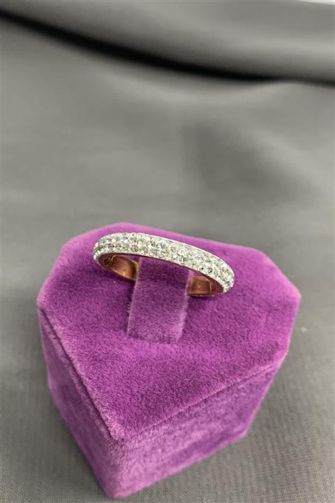 defnar takı Çelik Yüzük Gold Renk 3 Sıralı Tam Tur Taşlı Çelik Yüzük