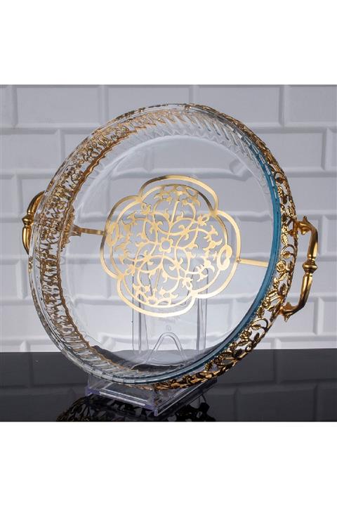 Zeyve Yuvarlak Büyük Altın Metal Roza Borcam Sunumluk Tepsisi