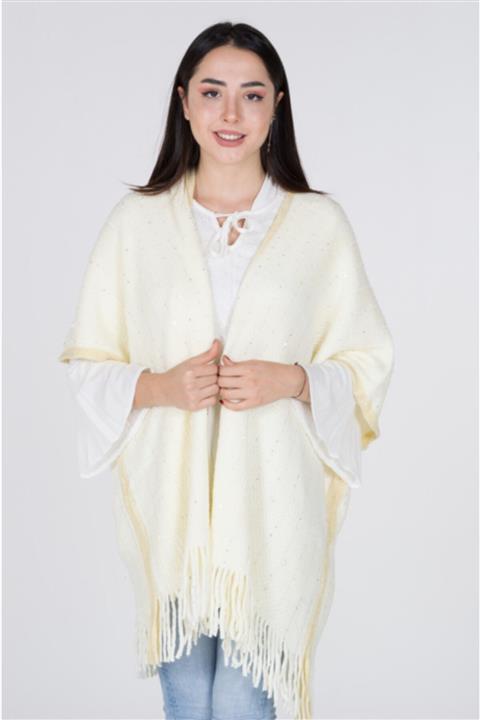 Arven Kadın Ekru Beyaz Kollu Hafif Pullu Panço