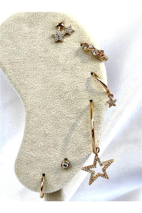 SAJA JEWELRY Zirkon Taşlı Gold Renk 6’lı Küpe Seti