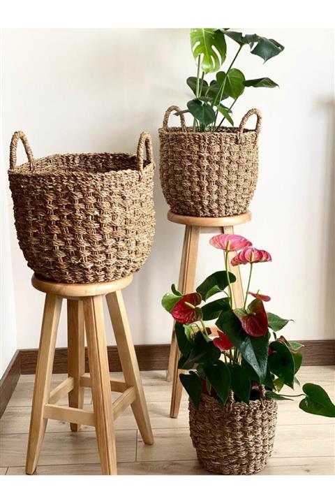 MİMOZA PARK Mimoza Hasır Örgülü Sele Sepet Saksı - Hasır Sade Kalın Örgülü