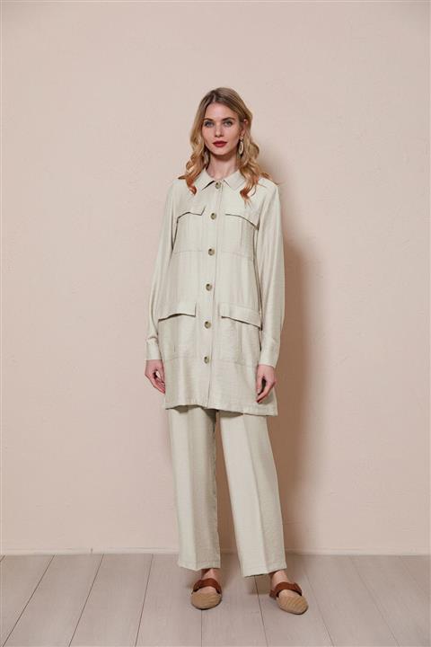 Moodbasic Tesettür Cepli Düğmeli Krep Takım