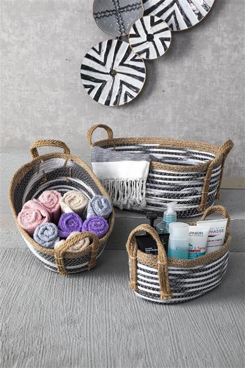 Doreline Different Oval Ip Örgü Sepet 3 Boy Lüx Organizer, Dekoratif Sepet, Ev Dekoru