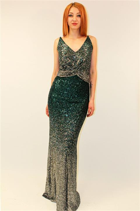 Alinçe Kadın Zümrüt Payetli Abiye Elbise