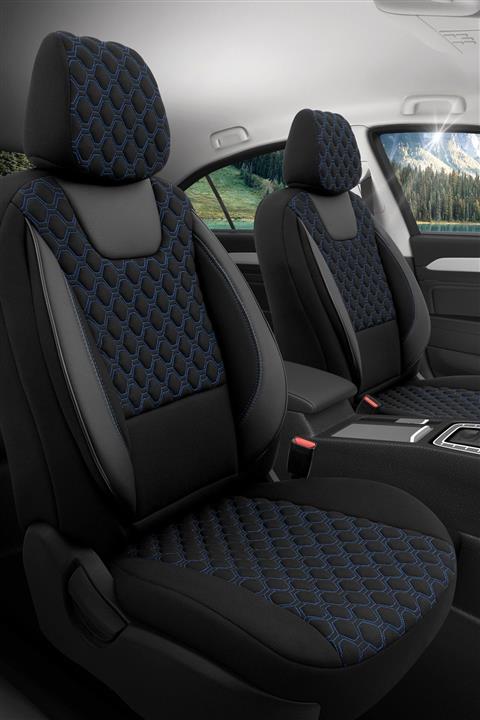 Otom Dikişli Ortopedik Premium Oto Koltuk Kılıfı Tam Set - Turismo Design Siyah-mavi