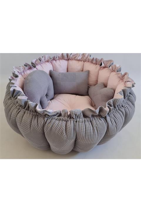 babynestdunyasi Gri Pike Açık Pudra Yuvarlak Babynest Uyku Ve Oyun Minderi