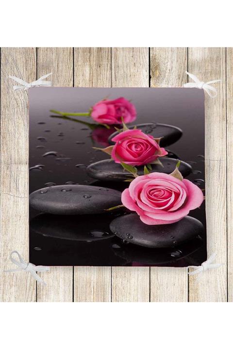 Else Halı Else Spa Taşlı Pembe Güller Süngerli Kare Sandalye Minder