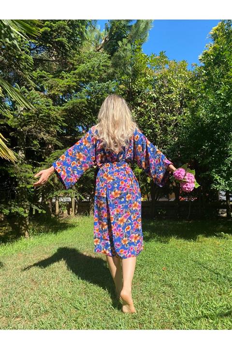 KYLEEN Kadın Mavi Linum Model Çiçekli Kimono