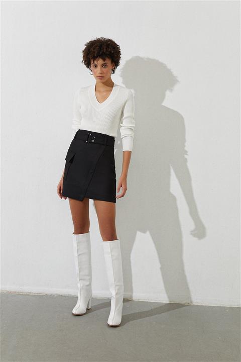 rue. Siyah Kemerli Asimetrik Mini Etek