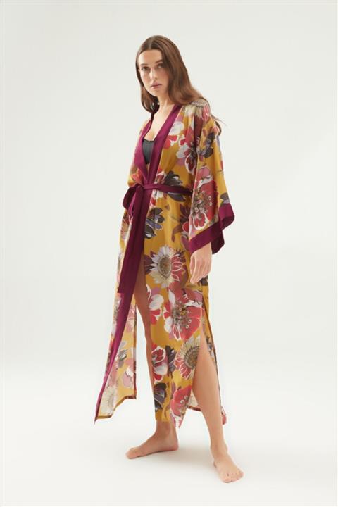 Silkside Bordo Desenli Ipek Saten Kimono
