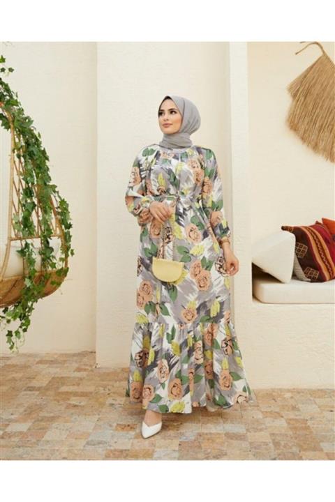 NS Suud Gül Desenli Şık Elbise Gri Model-343