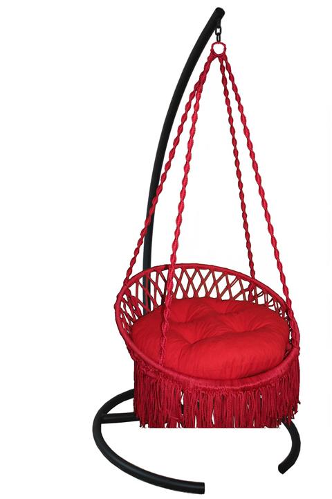 KEYİF SEPETİ Kırmızı Minderli Püsküllü Relaks Salıncak