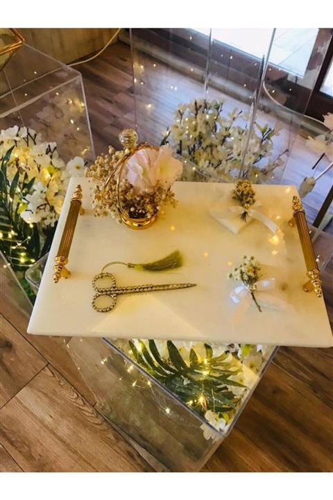 göznuru hediyelik Mermer Altın Detaylı Nişan Tepsisi
