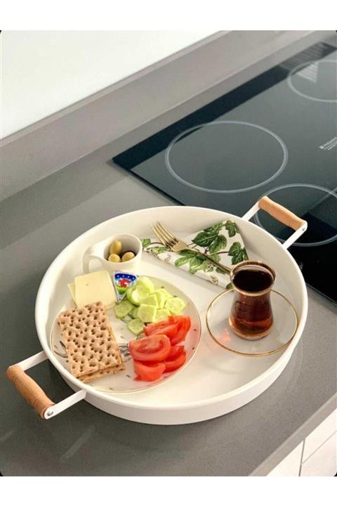 Bestofhome Country Tarzı Beyaz Büyük Boy Metal Şık Tepsi (37 Cm)